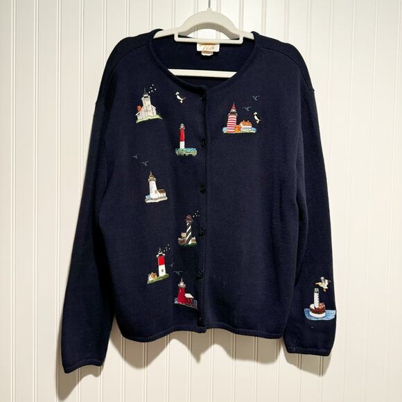 Tia Sweaters - Vintage Tia Cotton Cardigan Sweater Lighthouses Coastal Navy Blue Size XL